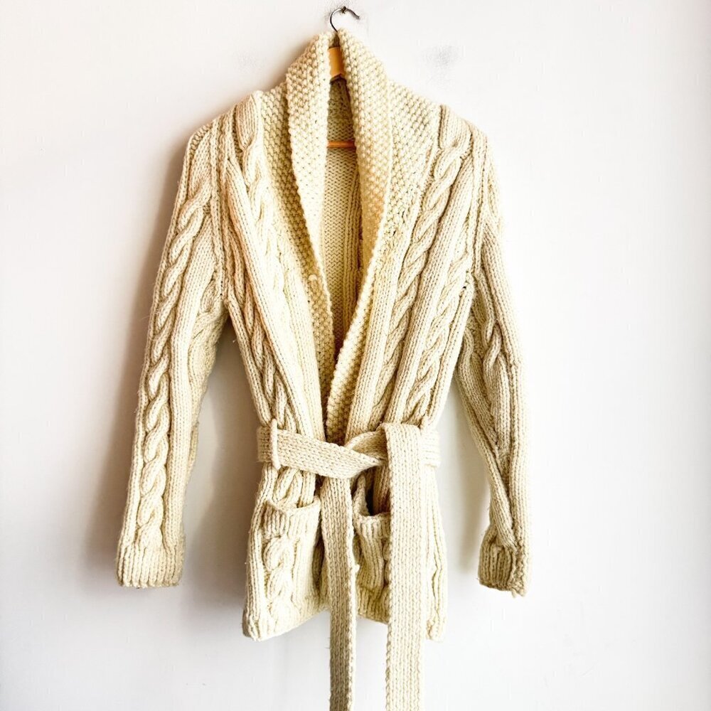 Vintage Hand-knit Super chunky Belted Fisherman Wool Sweater S